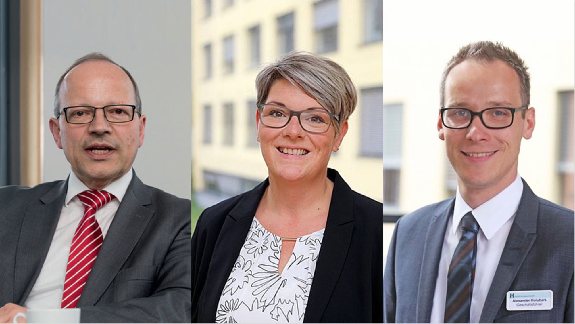 (v.l.n.r.): Prof. Dr. Benno Neukirch (Hochschule Niederrhein, Foto: Svea Pietschmann) sowie Tanja Langsenkamp (Helios Klinikum Hüls, Foto: Helios) und Alexander Holubars (Helios Klinikum Krefeld, Foto: Helios).